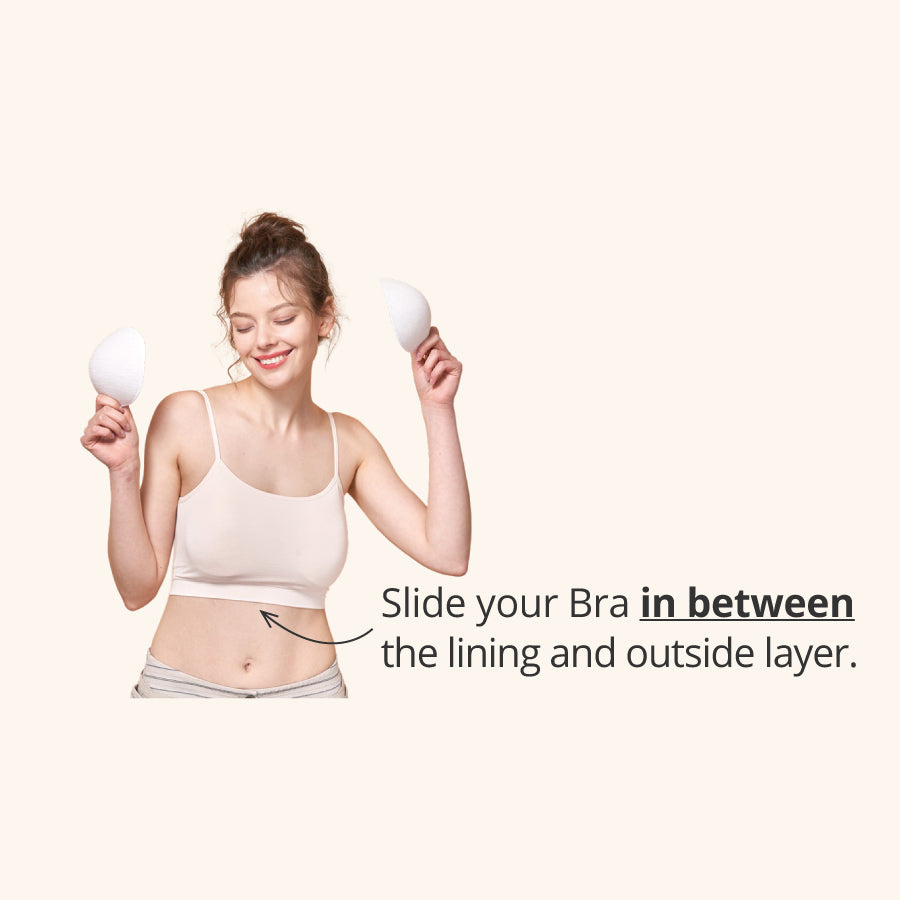 Minism Camisole: Slide in the Minism Bra in between the lining and the outside layer.The absence of a rubber finish removes pressure from your chest which takes away any discomfort.