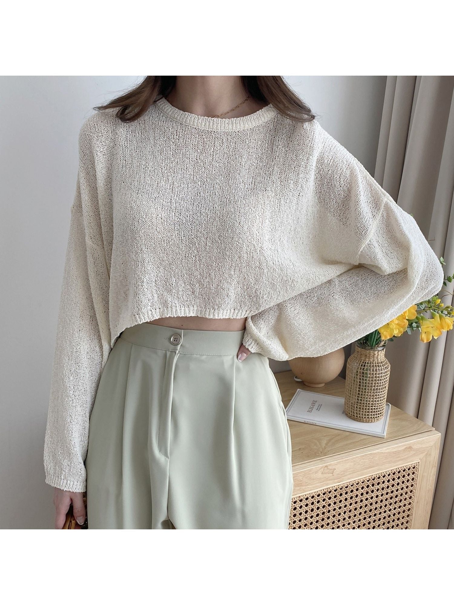 See Through Crop Knit Sweatshirt