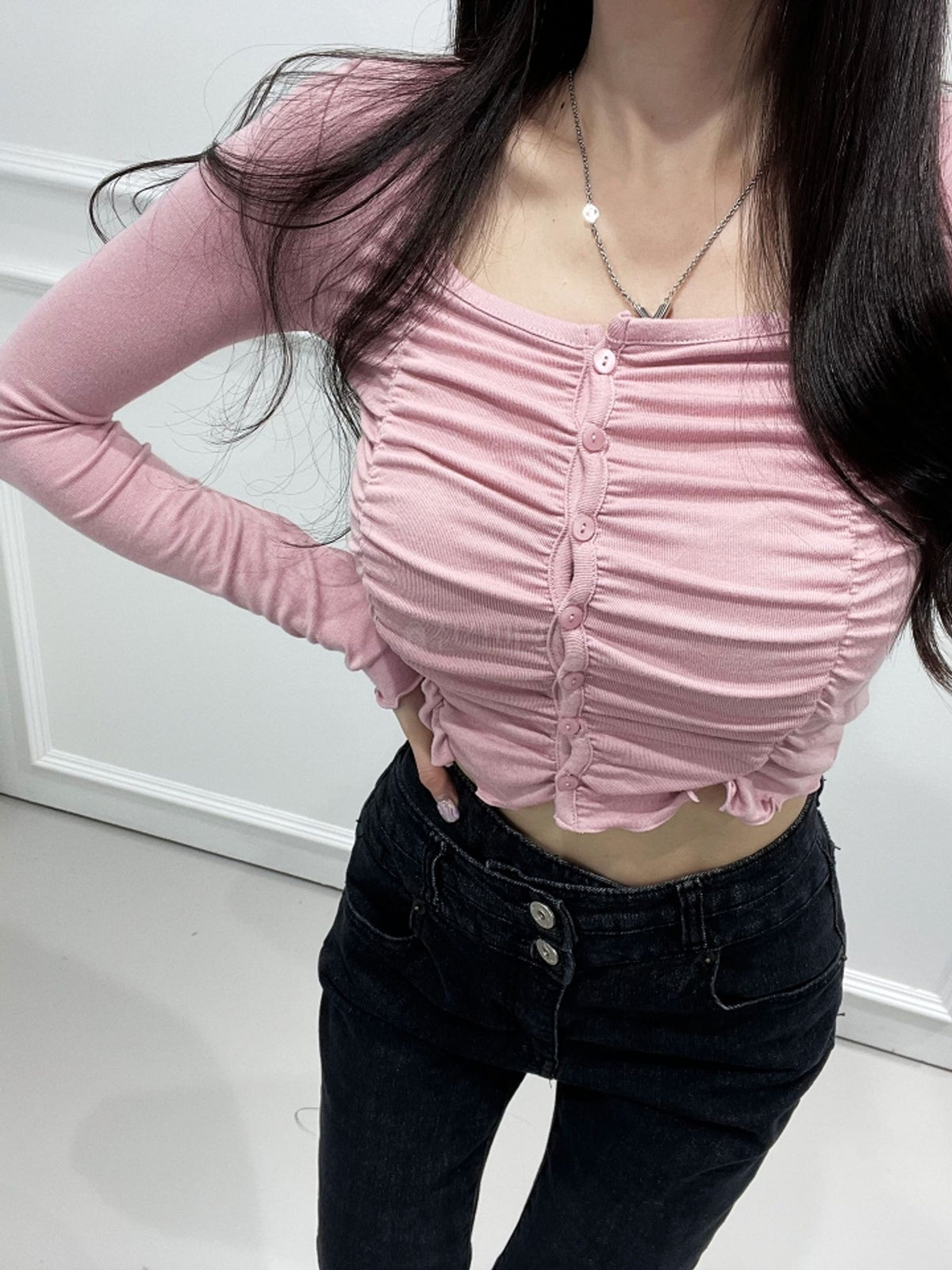 Light Shirring Crop Cardigan