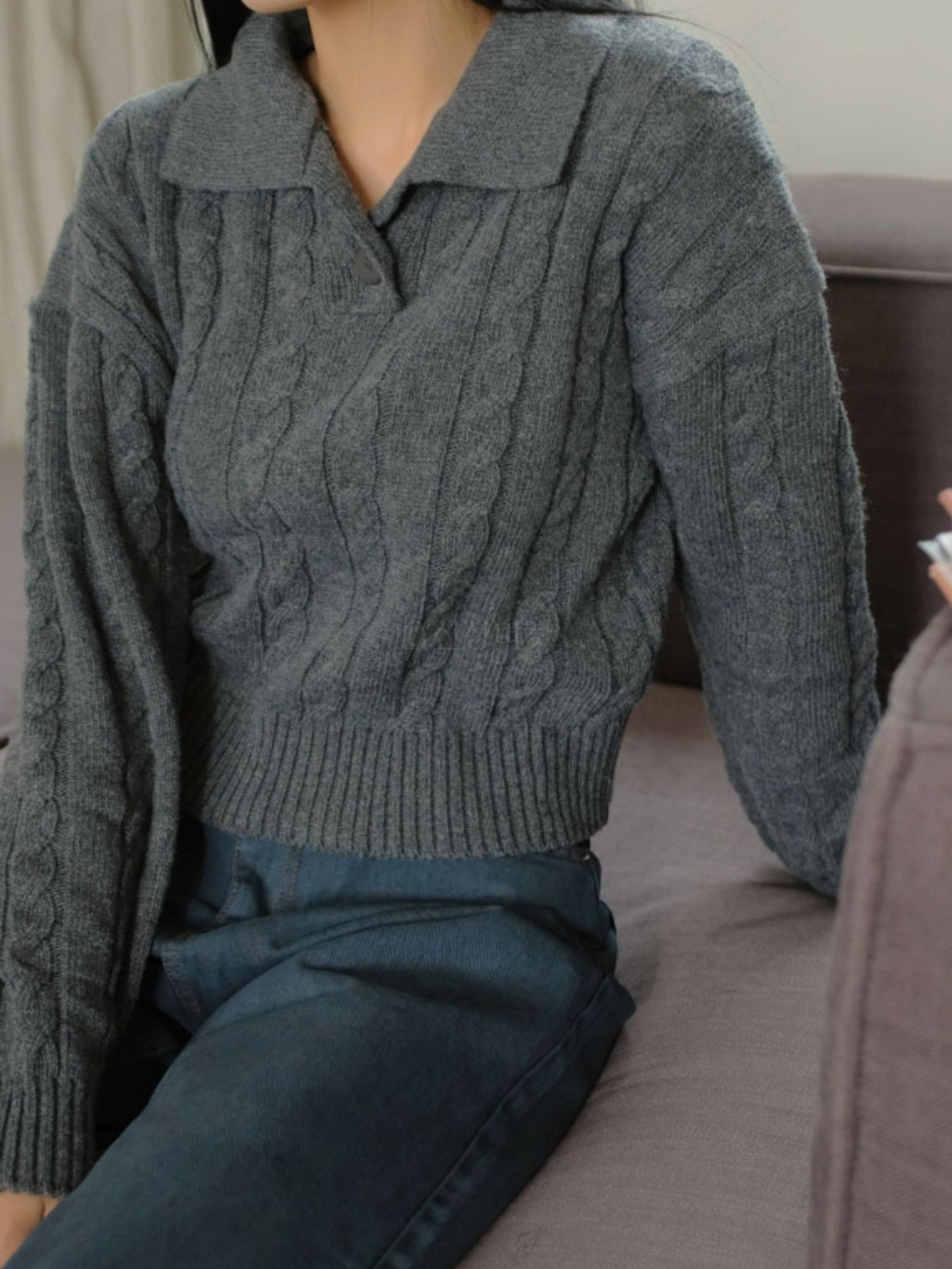 Open Collar Cable Knit Sweater