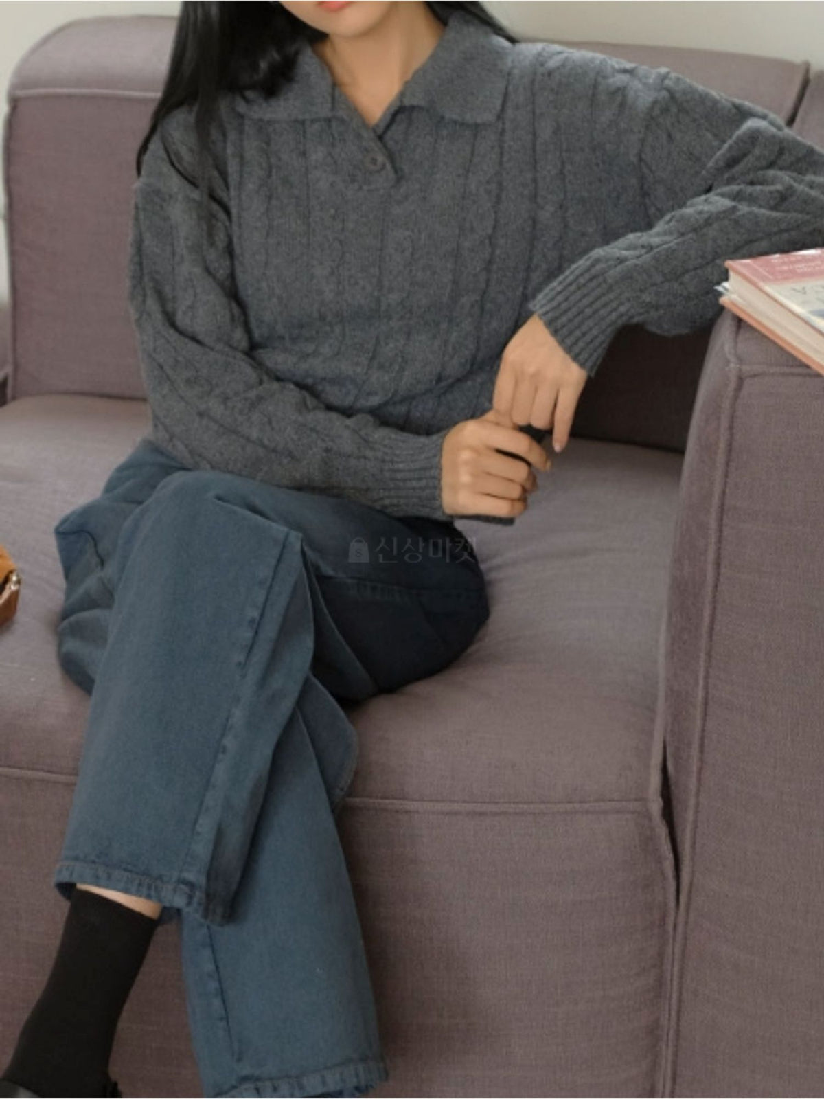 Open Collar Cable Knit Sweater