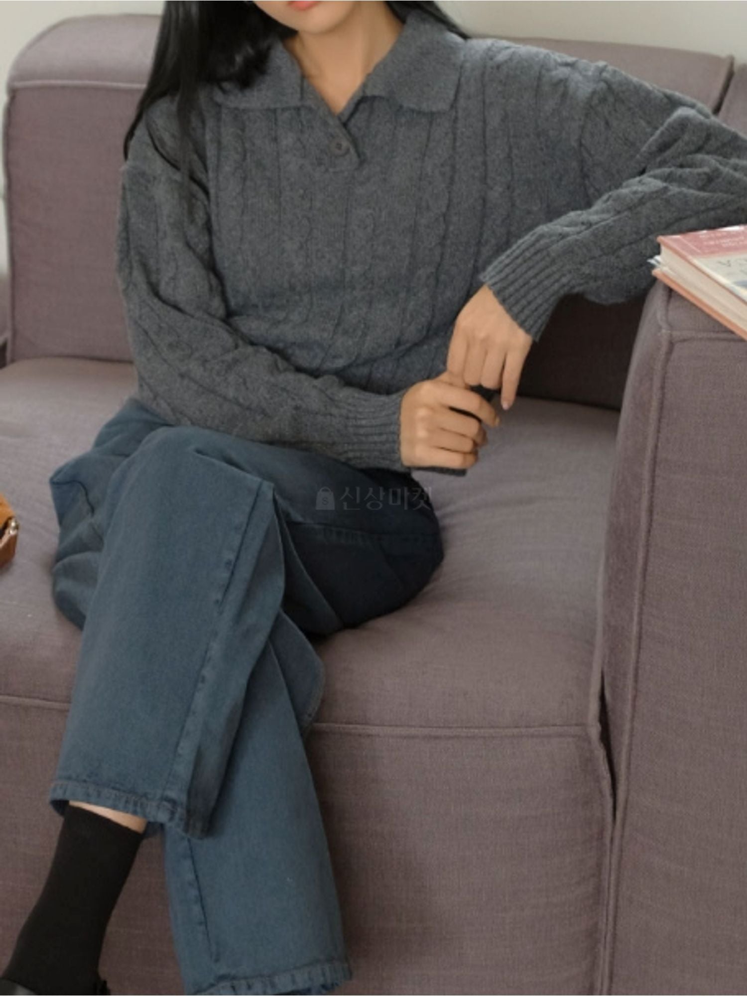 Open Collar Cable Knit Sweater