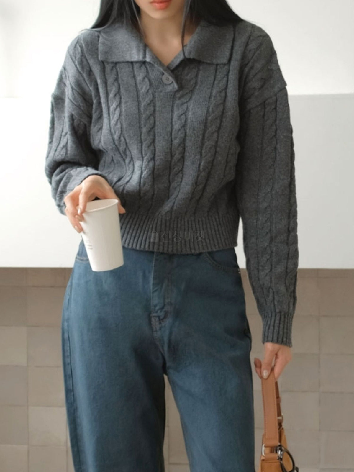 Open Collar Cable Knit Sweater