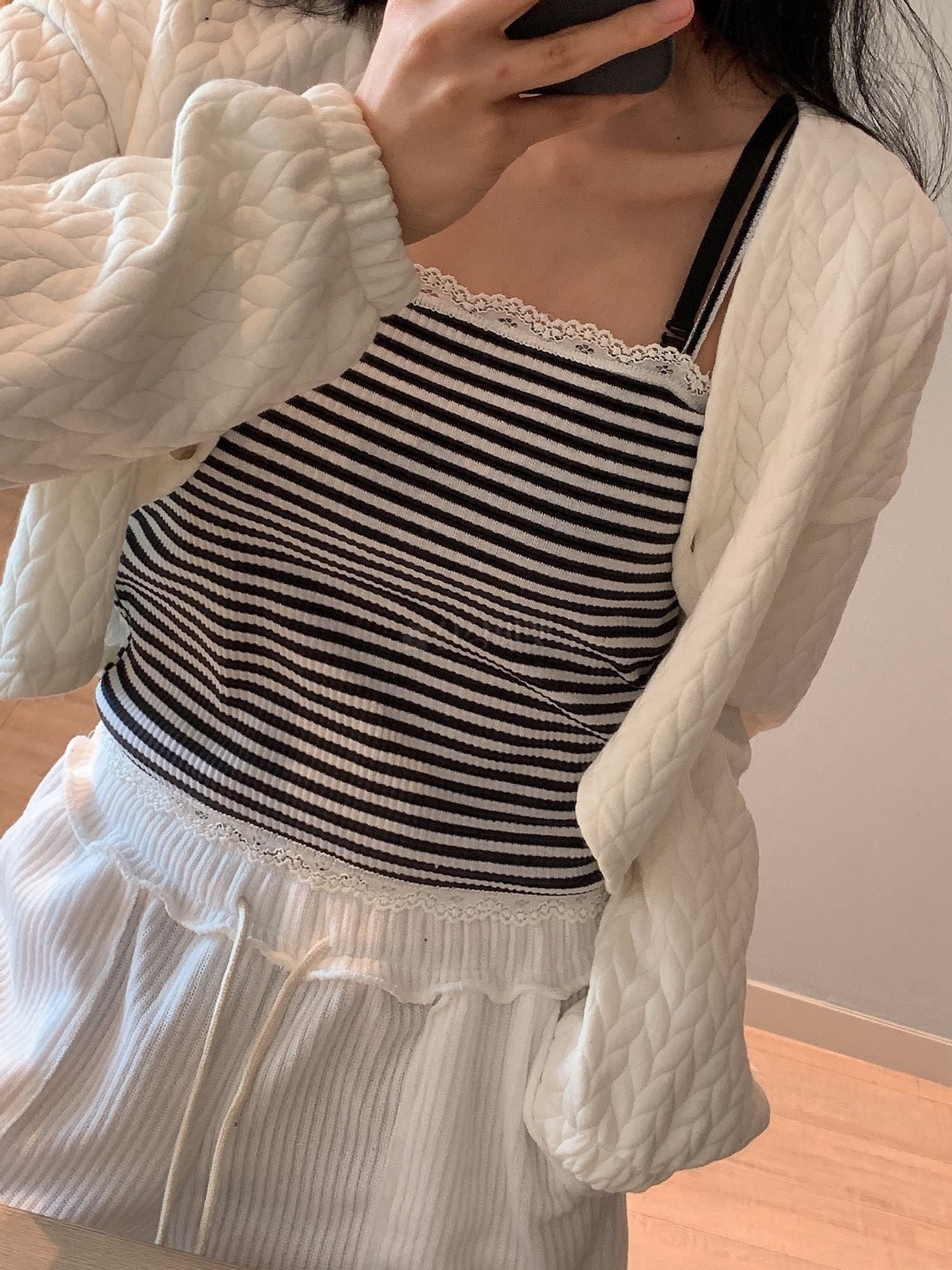 Stripe Cotton Ribbed Lace Top