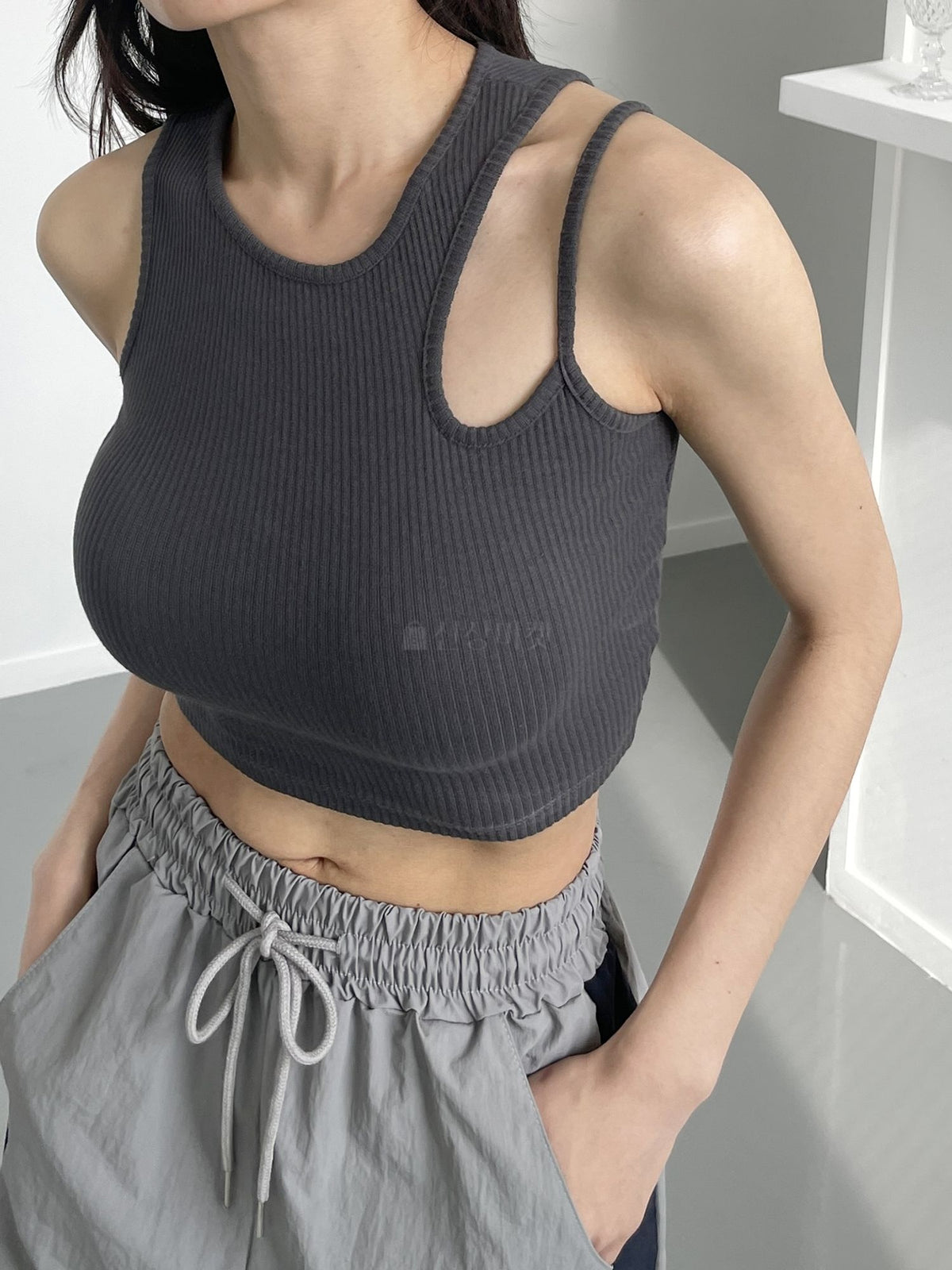 Le Sserafim Asymmetrical Open Shoulder Ribbed Crop Top