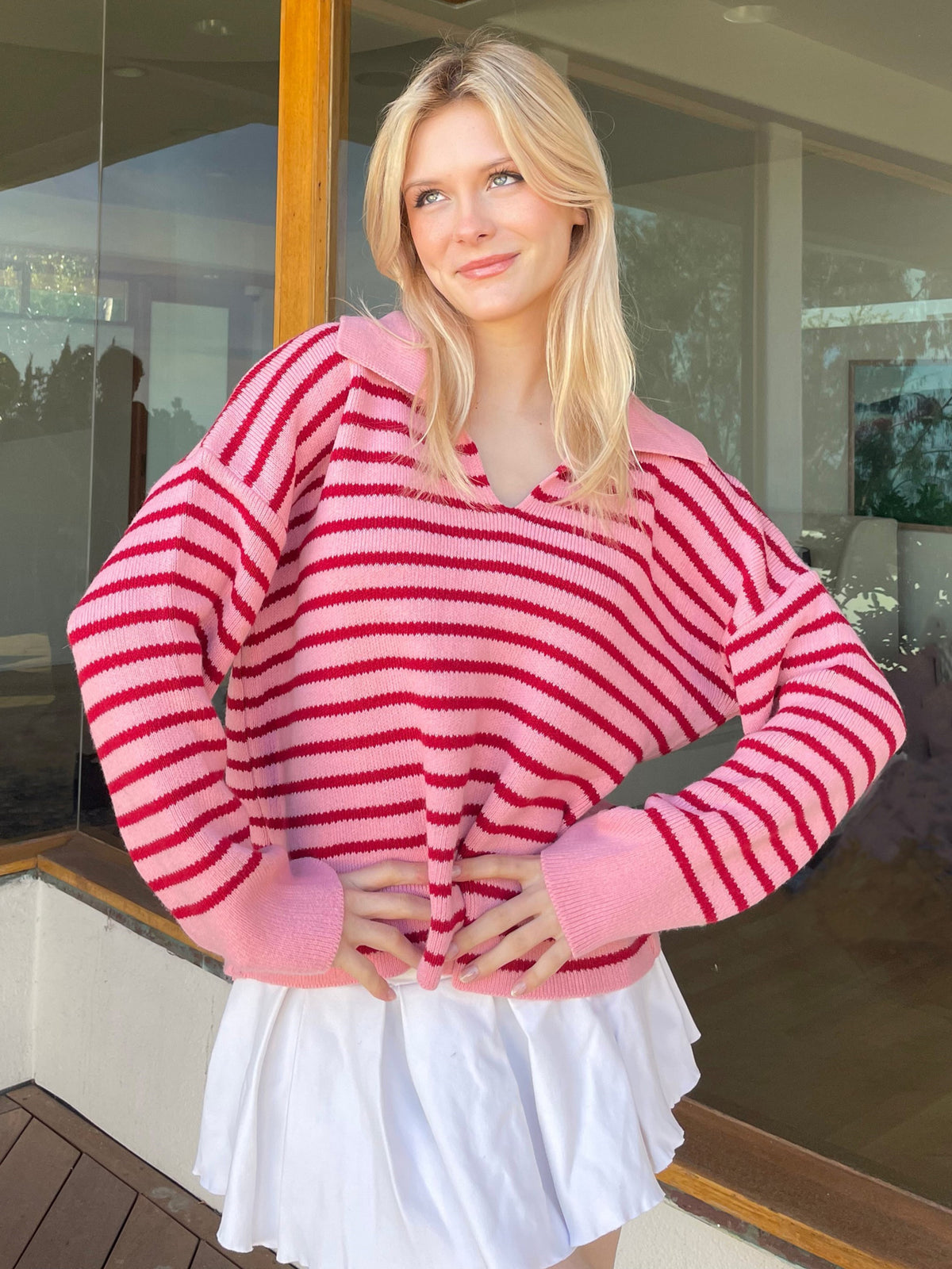 Open Collar V Neck Stripe Sweatshirt