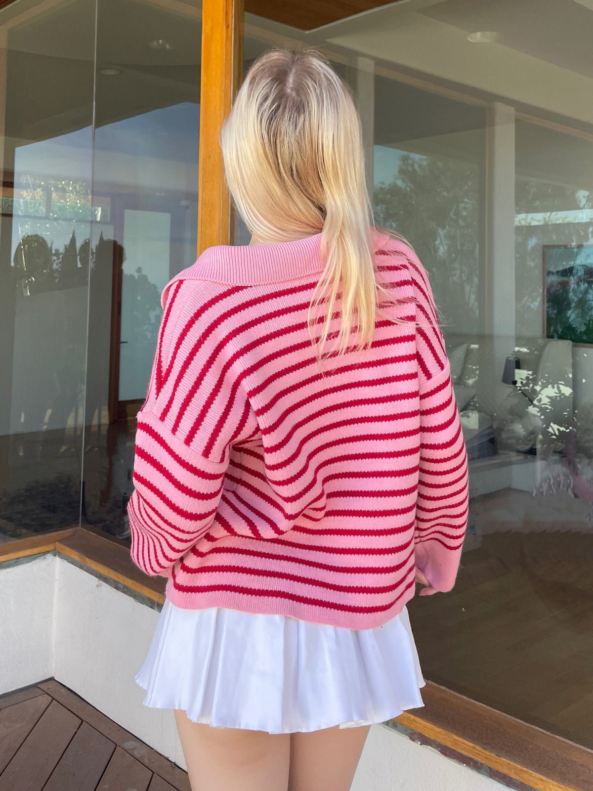 Open Collar V Neck Stripe Sweatshirt