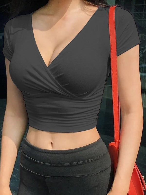 V Neck Cross Wrap Crop Top - Minism